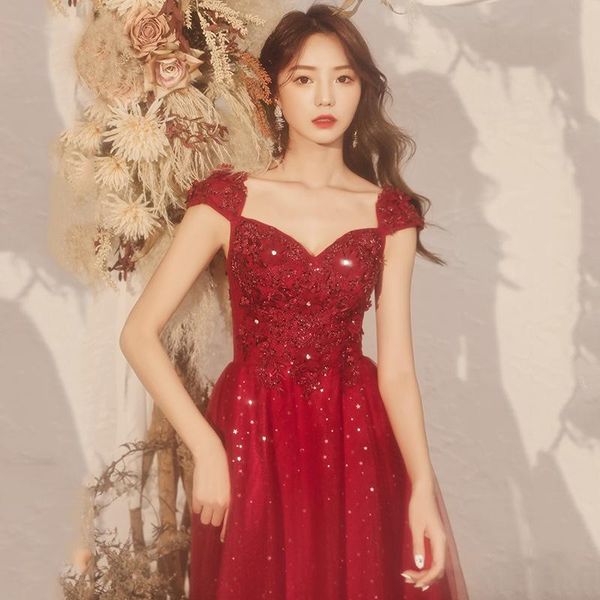 

bride toast clothing mid-length a-line exquisite applique sequin burgundy formal party dress vestido de fiesta robe soiree ethnic, Red