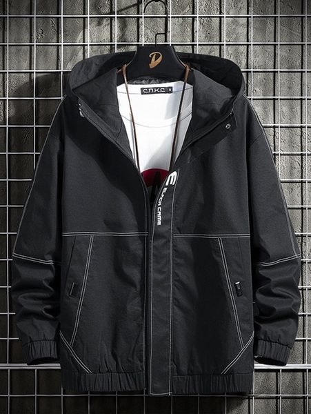 

men letter graphic zip up contrast titching hooded jacket o7ly#, Black;brown