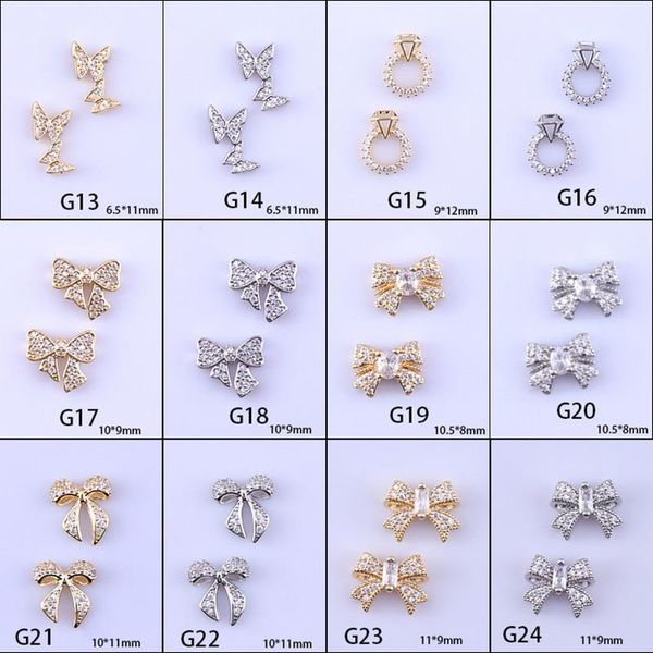 

10pcs tie nail art decorations diamond charms bowknot rhinestones supplies shiny pearl crystal cute accessories, Silver;gold