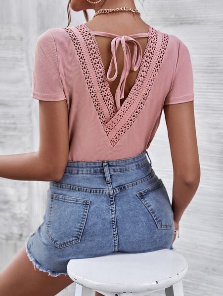 

guipure lace insert tie back tee f6wi#, White