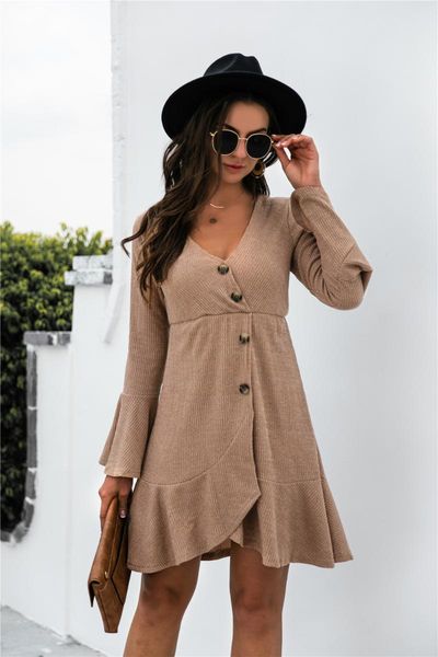 

casual dresses women robe femme autumn solid color a-line irregular button decor v-neck flare long sleeve slim dress for woman vestido, Black;gray
