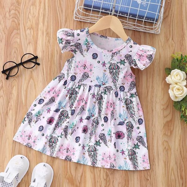 

girl's dresses 2021 summer baby girl dress born cotton conch starfish print flying sleeve girls casual clothes 0-18m, Red;yellow