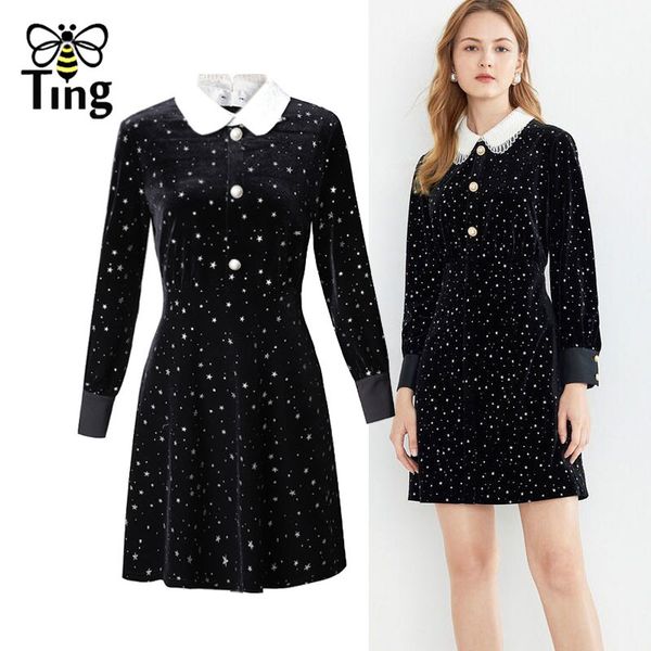 

vintage elegant peter pan collar velvet mini short dress glitter star sweet girl casual vestidos frocks for lady 210513, Black;gray