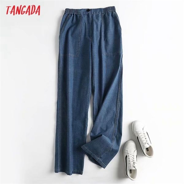

tangada fashion women loose jeans pants long trousers strethy waist pockets buttons female 4c144 210922, Blue