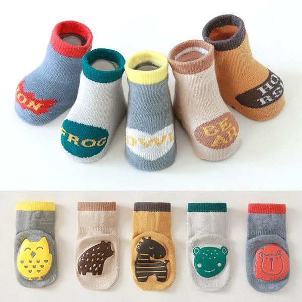 

0-5y baby socks spring combed cotton for girls non-slip floor boys and toddlers cartoon animal dot, Pink;yellow