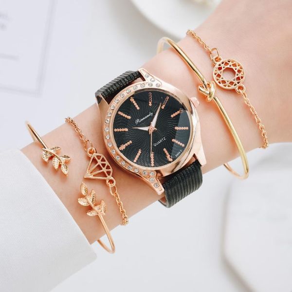

wristwatches 5 pcs set 2021 leather strap luxury ladies watch bracelet crystal quartz wristwatch women clock gift, Slivery;brown