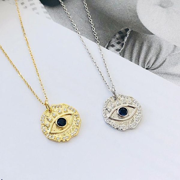 

boho blue cubic zirconia eye pendant necklaces simple round medallion coin disc necklace delicate geometric small choker 2021, Silver