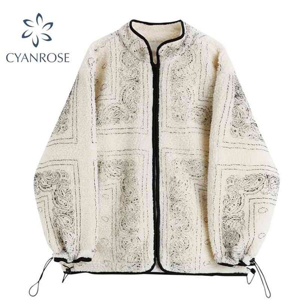 

vintage print sheepskin coat women winter zipper pocket thick warm lambswool jacket korean style oversize female outwear 210430, Black;brown