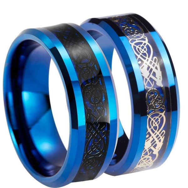 Anéis de casamento exclusivos 8mm preto/dourado prateado Celtic azul tungsten carboneto de tungstênio