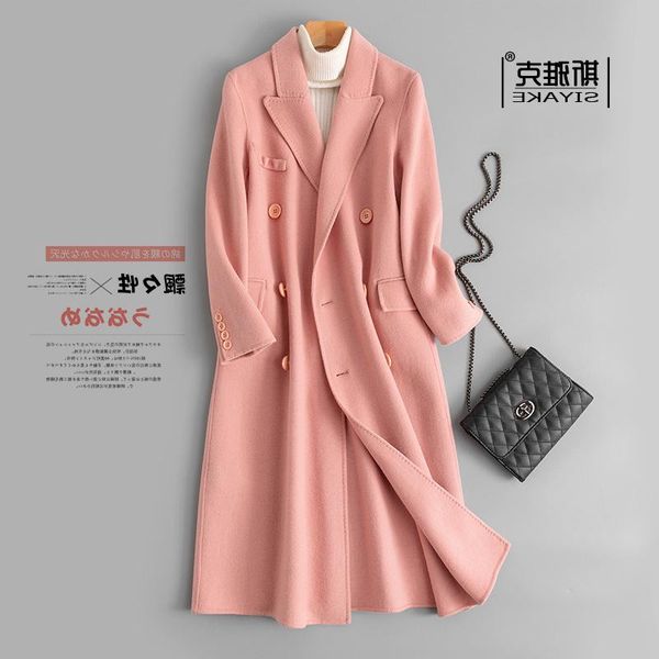 

women's wool & blends pink double-sided cashmere overcoat mid long 2021 high-end double breasted slim over knee tweed jacket, Black