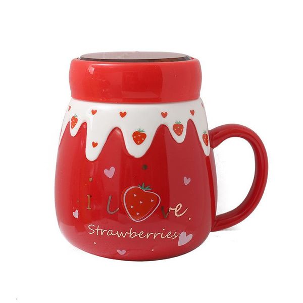 

korean strawberry coffee mug creative mirror ceramic cup student cute flower tea sealed office with lid handle mugs