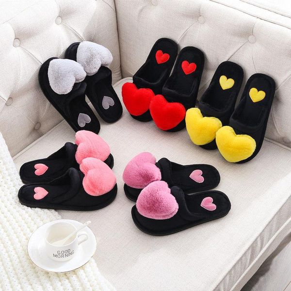 

slippers women love heart cotton winter fur slides ladies home furry warm indoor shoes claquette fourrure, Black