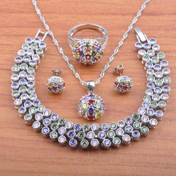 

earrings & necklace 2021 silver color jewelry sets for women fashion costume colorful zirconia stud bracelet ring js0548