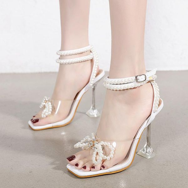 

summer transparent pvc crystal high heel women's shoes pearl rhinestones beaded bow tie sandals hasp square toe, Black