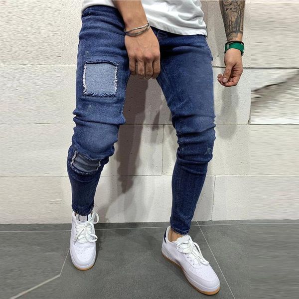 

men's jeans punk skinny slim denim pants pencil trousers plus size 2021 male ripped hole patchwork streetwear, Blue