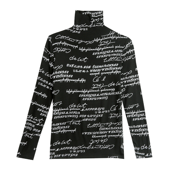 

vintage print letters doodle t-shirt women turtleneck long sleeve slim stretchy tee casual women clothing spring t01407b, White