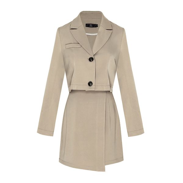 

women beige black solid blazer mini skirt short zipper 2 two pieces set notch collar t0404 210514, White