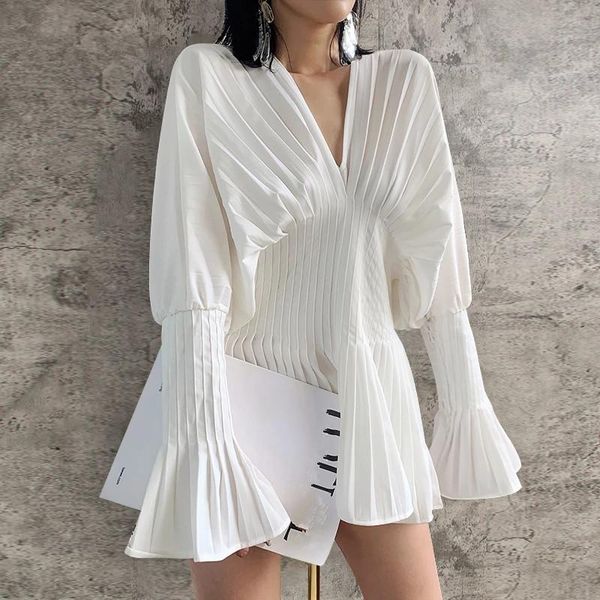 

women's blouses & shirts summer streetwear women long flare sleeve v neck pleated ruched shirt blouse elegant female vintage white slim