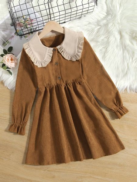 

girls contrast statement collar flounce sleeve corduroy dress she, Red;yellow