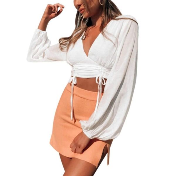 

women short clothes 2021 female spring v-neck casual drawstring waist lantern sleeve t-shirt women's, White