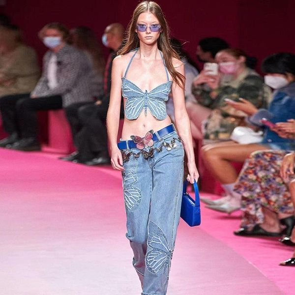 

women's jeans 2021 y2k butterfly denim pants women autumn fashion washed blue low waist straight long casual female trousers