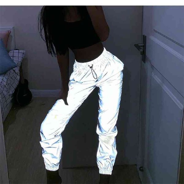 

women pants sweatpant flash reflective night jogger hip hop cargo trousers fashion casual gray streetwear lacing plus size 210522, Black;white