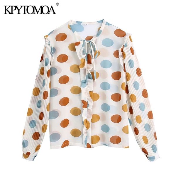 

women fashion ruffled polka dot semi-sheer blouse tied o neck long sleeve female shirts blusas chic 210420, White
