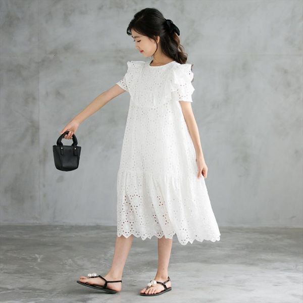 

children kids cotton girl midi dresses beach hollow out summer teen clothes two layers not transparent, 3858, Red;yellow