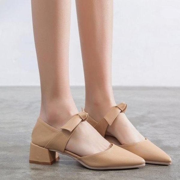 

womens hollow bow-knot single shoes women low heeled pointed toe wild sandals chunky heels, Black