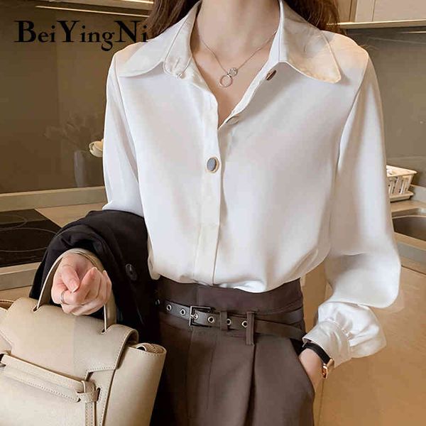 Beiyingni mulheres blusas primavera outono manga longa escritório senhoras camisas chiffon luxo botões solto mais tamanho blusa feminina top 210416