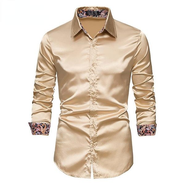 

men's dress shirts men long-sleeved satin shirt solid color casual fashion lapel printed button slim male high-quality brand clothing, White;black