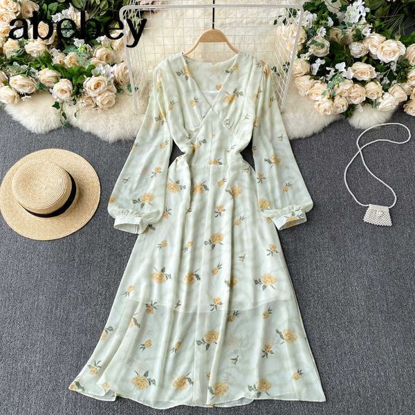 

women chiffon print dress women french puff sleeve v neck a-line dresses spring boho casual vacation midi long dress 210715, Black;gray