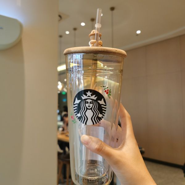 

starbucks korea wood cover double layer heat insulation and heat resistant wood cover 591ml cartoon bear straw water cup2253534