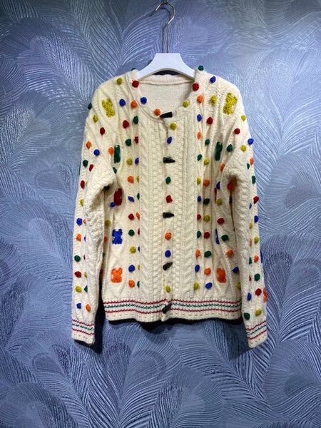 

spring 2022 new round neck wool ball long sleeve sweater coat, White