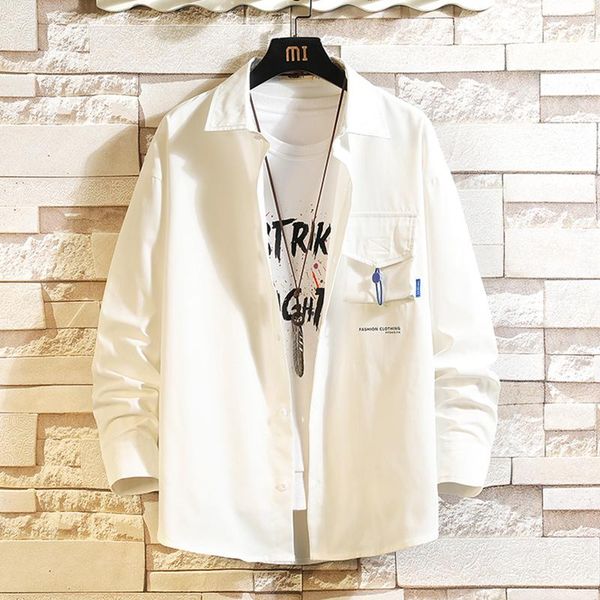 

men's casual shirts brand 2021 spring autumn long sleeves flannel collar korea style black white shirt for solid harajuku clothing, White;black