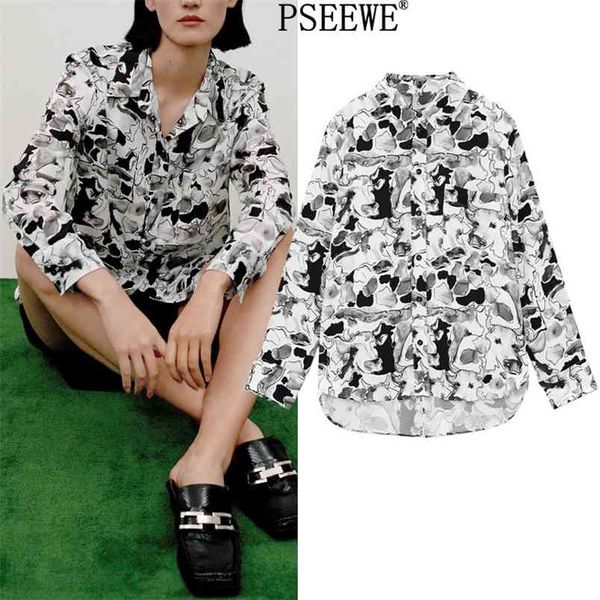 

women shirt grey print button up woman spring fashion pocket asymmetric hem streetwear long sleeve 210519, White