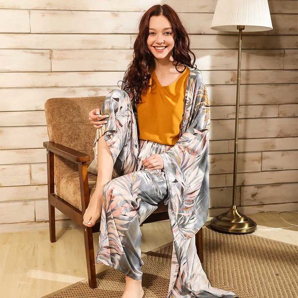 

women's sleepwear spring & summer ladies cardighn+vest+shorts+pants 4pcs pajamas set banmboo leaves print women soft loose thin ho, Black;red