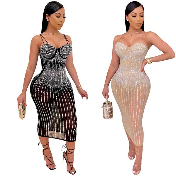 

fashion spaghetti strap women sequins dress 2022 summer women's rhinestone design dresses beautiful nightclub party tight net yarn shir, White;black