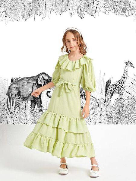

girls lantern sleeve belted ruffle trim dress she, Red;yellow