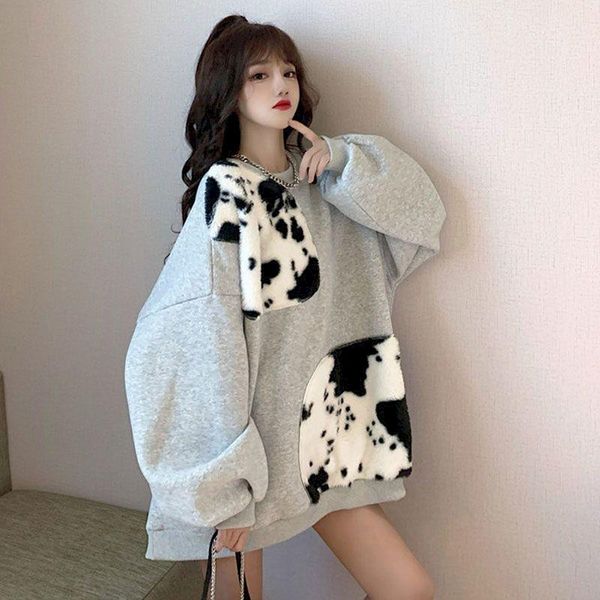 

sweatshirts women's autumn and winter loose design sense stitching cow plush mid-length round neck women trendy hoodies &, Black