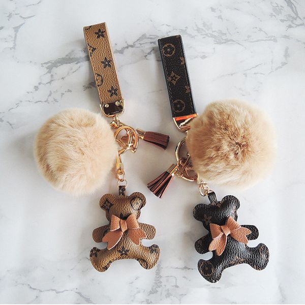 

cartoon bear keychain with bowknot pompon accessories women girls cute keyring pu leather bears designer car key chain holder fashion animal, Blue