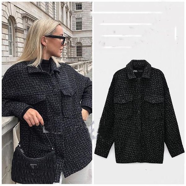 

women's wool & blends loose shirt autumn and winter style lapel single breasted thickened frosted tweed coat, Black