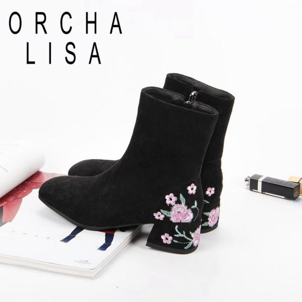 

boots orchalisa women ankle elegant faux suede square toe 4cm thick heel plush zip embroidered big size 33-43 winter b2139, Black