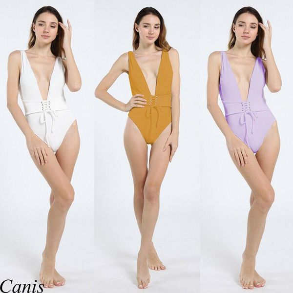 

one-piece suits women solid color swimsuit summer ladies corset swimwear big v-neck bandage push up padded bikini bathing suit