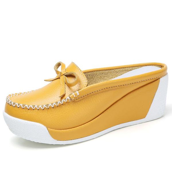 

dress shoes leather loafers women's mules wedges 6cm hight heel woman slides chunky ladies pumps slippers bowknot casual, Black