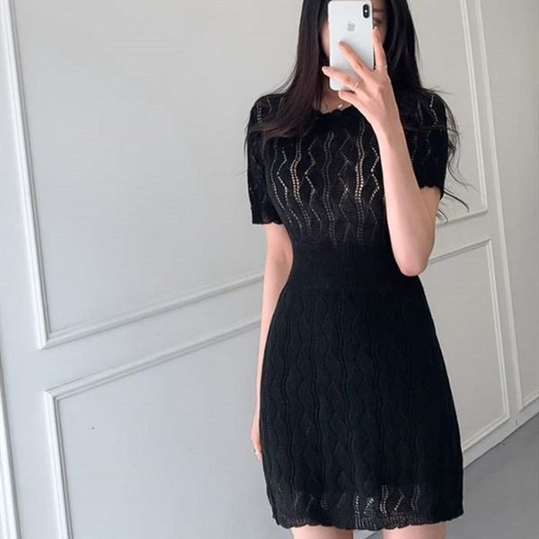 

casual dresses women o neck mini short dress french elegant hollow out knit vestidos summer style slim fit sleeve ag6p, Black;gray