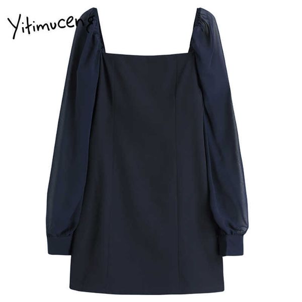 

yitimuceng backless slim dresses women lantern sleeve high waist a-line square collar clothing summer fashion mini dress 210601, Black;gray
