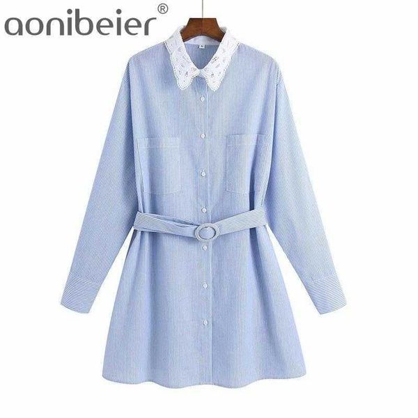 

women summer pinstripe shirt dress contrast lace collar female elegant long sleeve straight casual mini es 210604, Black;gray