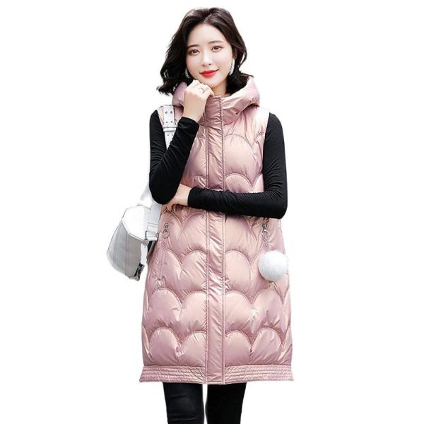 

women's vests solid hooded winter vest long style thick female sleeveless waistcoat cotton padded jacket with pocket, Black;white