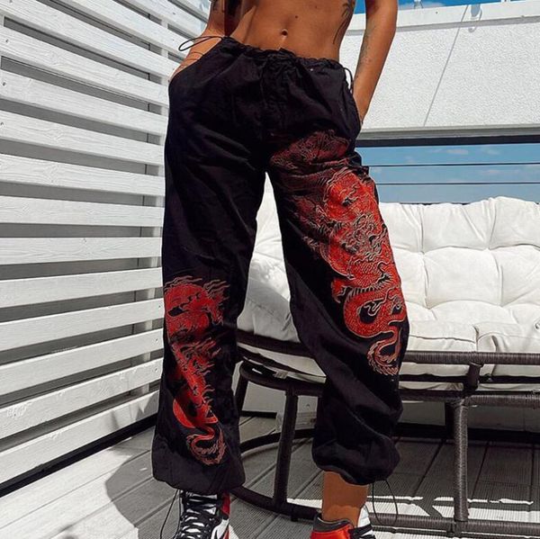 

women's pants & capris summer drawstring elastic waist dragon print loose, Black;white
